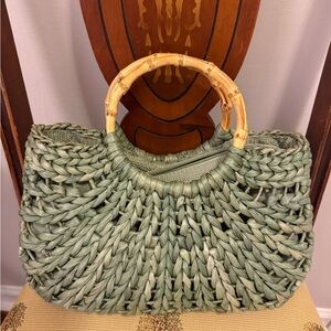 Green Woven Handbag with Bamboo Handles